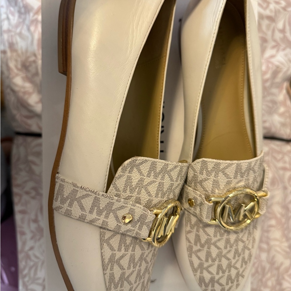 Michael Kors White and Gold Logo Loafers